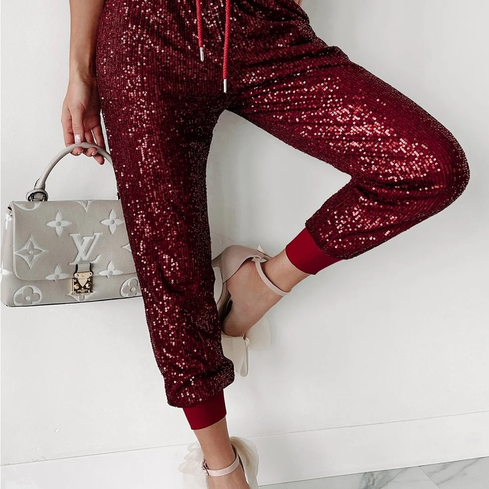 #86 Ritzy Wine Sequin Joggers- LAST ONE! - Picture 5 of 6